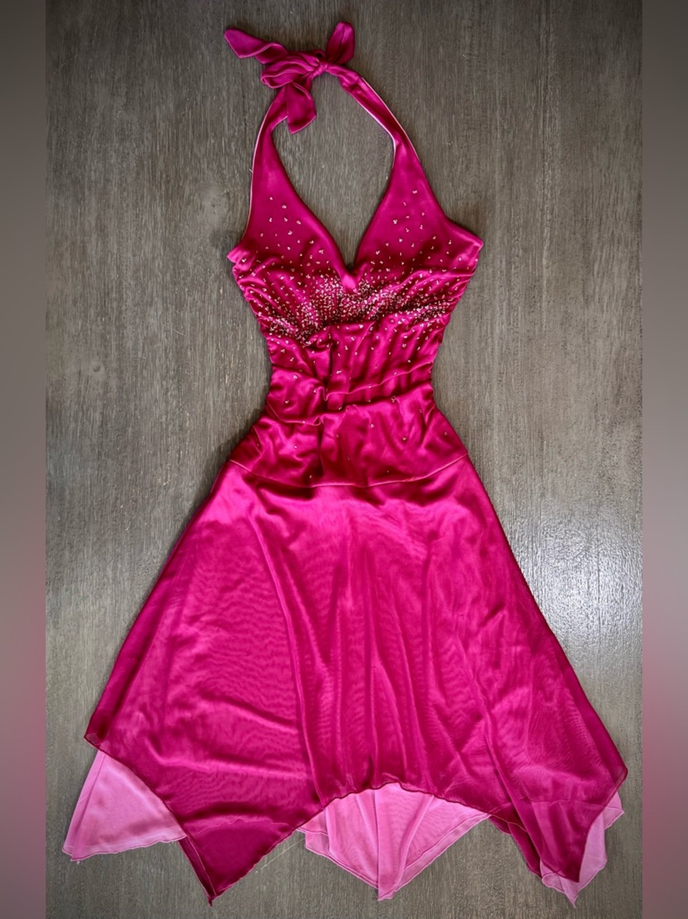 🤍Vintage Y2K Fairy Beaded Halter Magenta Pink Prom Dress Midi S My Michelle